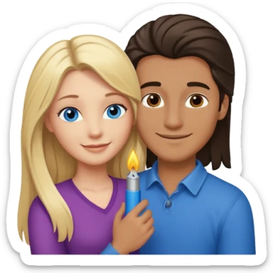 blonde hair blue eyes woman embracing a taller man who has brown skin and dark hair more like the first one make the man taller and the woman have long hair and both smiling give the man lighter brown skin sticker
