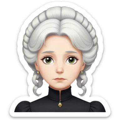 A Victorian woman with elegant coiffed white hair and light eyes wearing a modest black turtleneck mourning dress without jewelry looking down with a forlorn expression sticker