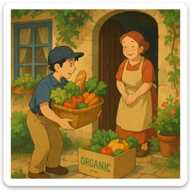 ghibli style cozy scene of organic product delivery at the door of a house sticker