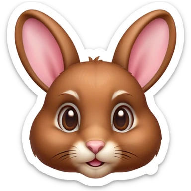 Cinematic Cute Brown Rabbit Portrait Emoji, Head tilted playfully and inquisitively, featuring a glossy, velvety brown fur with perky ears, round, sparkling brown eyes filled with curiosity, Simplified yet irresistibly adorable features, highly detailed, glowing with a warm, friendly glow, high shine, affectionate and lively, stylized with a touch of whimsy, bright and endearing, soft glowing outline, capturing the essence of a mischievous yet loving bunny, so playful it feels like it could hop out of the screen and into your arms! sticker
