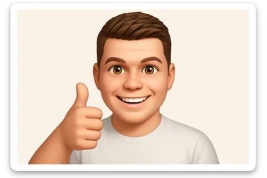 Based on these photos, make an emoji with facial features intact, a man in a white T-shirt, giving a thumbs up and smiling approvingly sticker