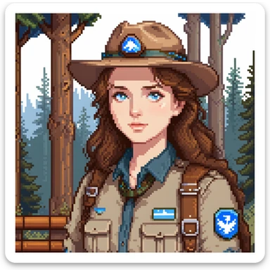 white woman park ranger with brown hair and blue eyes in a nature background sticker