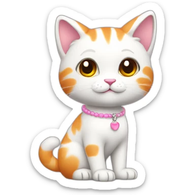 full body white orange cat cute with a small black eyes and a paw pink necklace sticker