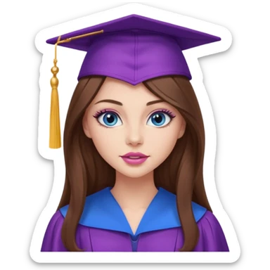stunning girl with gorgeous long brown hair, blue eyes, long lashes makeup, sexy pink lips, wearing a purple graduation cap and gown sticker