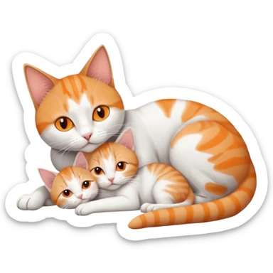 full body of a grey and white cat cuddling a very small + skinny ginger and white kitten with deep orange eyes and triangular shaped face lying down sticker