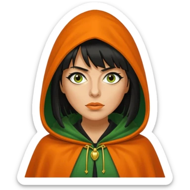 claudia winkleman with a heavy fringe and an orange tan as a traitor with a green hooded cloak with a gold clasp and dark black eyeliner sticker