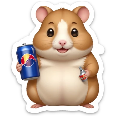 Funny cartoon-style fat hamster wide eyed with a can of redbull sticker