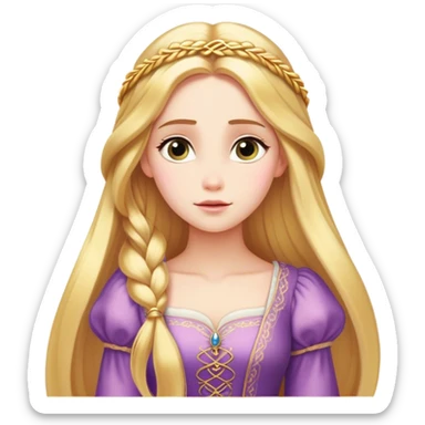 Cinematic Serene Rapunzel Portrait Emoji, rendered in a simplified vector style. Depict a gentle Rapunzel (chest and above) with delicate porcelain skin and long, shimmering golden hair, her expression calm and reflective, dressed in her traditional attire. The image is imbued with a soft, luminous glow and a subtle glowing outline. sticker