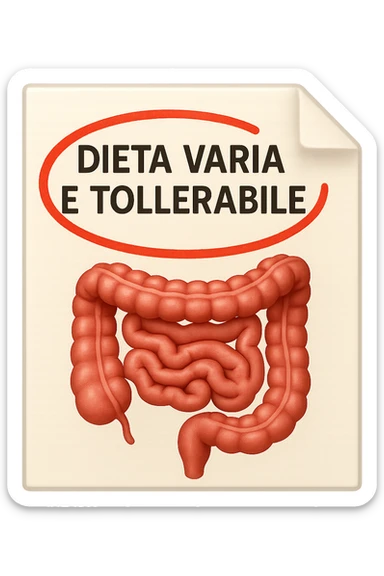 emoji stile iphone di un foglio con un INTESTINO disegnatO sopra e la scritta "DIETA VARIA E TOLLERABILE" CERCHIATA IN ROSSO, iperrealistico 4k, isolato su sfondo bianco sticker