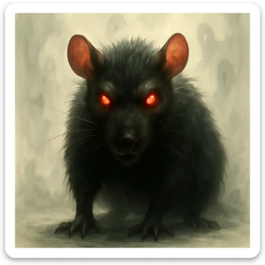 Change the background to a more sinister, eerie, and unsettling environment while keeping it light colored to contrast with the dark rat. Maintain the hyper-realistic, soft, glowing art style in the image. sticker