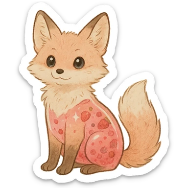soft fluffy fox with a transparent body filled with fruity smoothie, sparkling eyes, pastel pink, full-body sticker