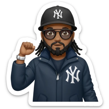 African American man with shoulder length black dreadlocks with black beard wearing black sunglasses wearing a New York Yankees logo baseball cap wearing a all dark black bubble winter coat flexing arm muscles sticker