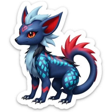 Colorful patterned esoteric shiny glowing scaly scary cool badass edgy Zorua-Absol-Salandit-fusion (full body) sticker