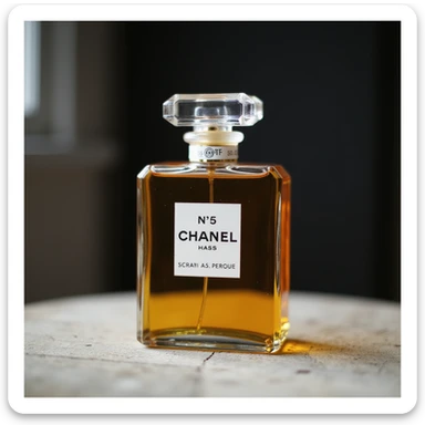 realistic Chanel No. 5 perfume, detailed glass bottle, photorealistic style sticker