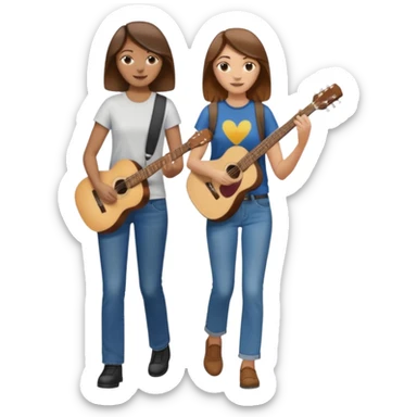 based on emoji style, like this "💁🏻‍♀️" "💁🏽‍♂️" "💁🏻", two people walking together. one is brown-haired woman, wearing business casual, holding a guitar. Another one is a non-binary person, wearing t shirt and jeans, and the second person doesn't have anything on their hands. sticker