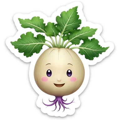 white turnip with slight purple shading with cute smiling baby-like face and leafy stalk and cute spindly roots from the bottom sticker