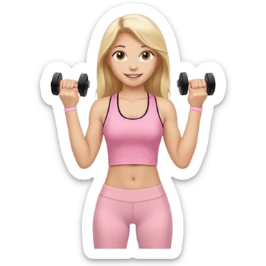 Create a young woman with long blonde hair, golden eyes, and medium-light skin tone, wearing a light pink tank top and leggings. She should be doing home worjout, with a smile sticker
