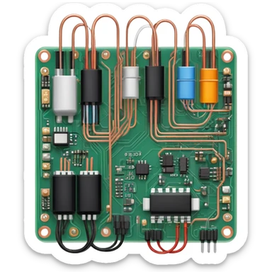 An icon featuring a circuit board, electrical wires, symbolizing electrical engineering. The design includes resistors, capacitors, and a power transformer, representing the study of electrical systems and innovation. Transparent background highlights modern electrical technology sticker