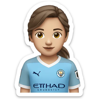 Little girl with brown hair and eyes wearing Manchester City football shirt sticker