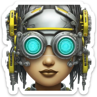 Neon yellow bobbed hair Asian female cyborg head with silver steampunk goggles and circuits sticker