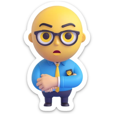 A yellow emoji face with a worried expression, looking at a wristwatch with raised eyebrows, showing urgency and stress sticker