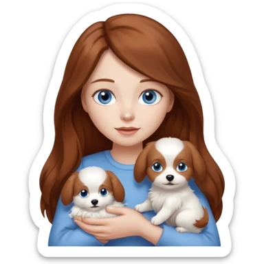 long hair chestnut color blue eyes woman holding small plain white dog sticker
