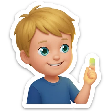 Create an emoji of the same blonde 3 year old as the first one you did. A happy boy with blue-greenish eyes turning off the lights to go to sleep sticker