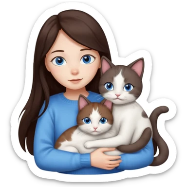 a girl with long dark 
brown hair, with blue eyes, in a
white sweater, hugs 3 different natural coloured cats sticker