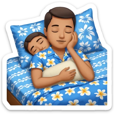 Guy wearing blue Hawaiian shirt sleeping in bed alone sticker