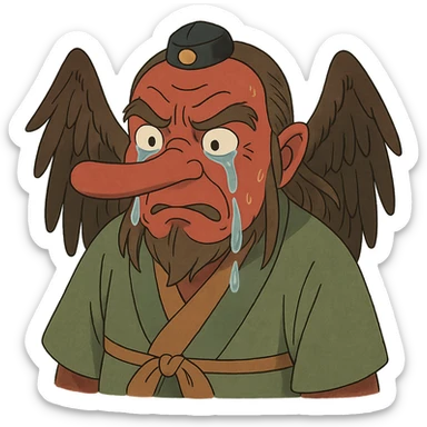ghibli style tengu with red face and long nose, tears streaming down sticker