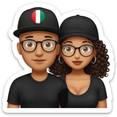 A picture of an embracing tanned couple. the man is a Mexican man with tanned skin, with a bald hair cut wearing a SnapBack hat and a black shirt. the woman is mixed, with long curly dark brown hair and with big boobs and eyeglasses  sticker