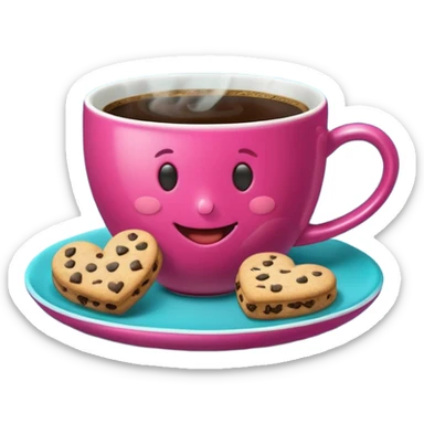 cup of coffee, steaming, the smoke should come out in the shape of a heart, the color of the cup is fuchsia, the cup has a happy face printed on it, the cup rests on a turquoise blue plate, and there are cookies and sugar cubes around the cup. sticker