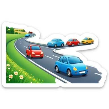 A busy highway with cute fast-moving cars, surrounded by green fields and distant mountains under a bright blue sky sticker