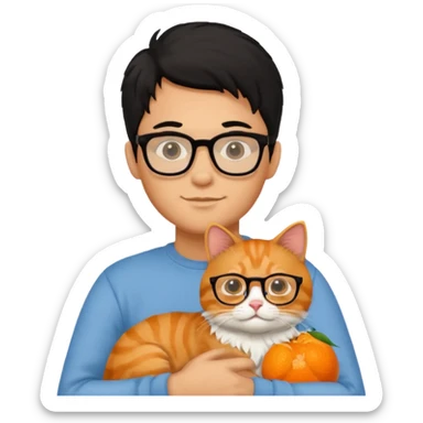 Veterinario hombre trigueño con lentes, con cabello negro y  un gato naranja sticker