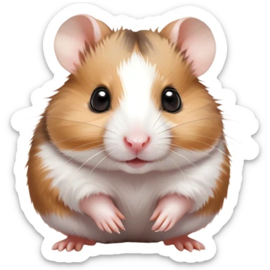 Cinematic Cute Brown and White Banded Hamster Portrait Emoji, Head tilted playfully and inquisitively, showcasing a fluffy fur with playful brown and white banded patterns, round, sparkling dark eyes filled with curiosity, Simplified yet irresistibly adorable features, highly detailed, glowing with a warm, friendly glow, high shine, affectionate and lively, stylized with a touch of whimsy, bright and endearing, soft glowing outline, capturing the essence of a mischievous yet loving hamster, so playful it feels like it could dash out of the screen and into your arms! sticker