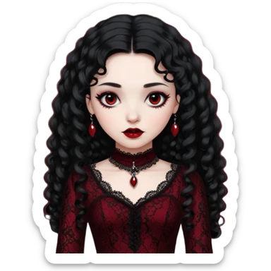 A girl with a dark red goth vampire look in a goth lace dress with long sleeves longer black curly hair sticker