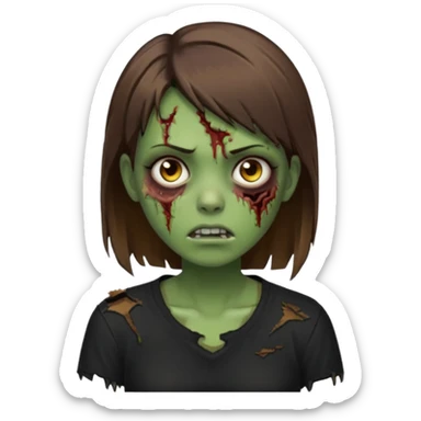 Zombie girl emoji verde com cabelo curto liso castanho no ombro com uma blusa preta sticker