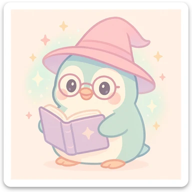 a chubby penguin wizard with glasses, holding an open spellbook, magical aura around sticker