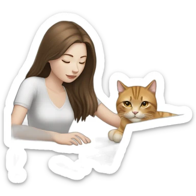 woman with pale skin and brown long straight hair working on laptop and a large cat sleeping on the laptop sticker