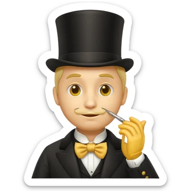 3d round yellow emoji with monocle and thoughtful expression, victorian gentleman attire, stroking chin dramatically, glossy 3d emoji style, plain white background sticker