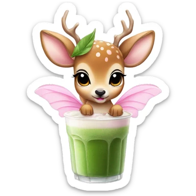 baby deer with fairy wings and a pink bow around its neck drinking iced matcha latte  sticker