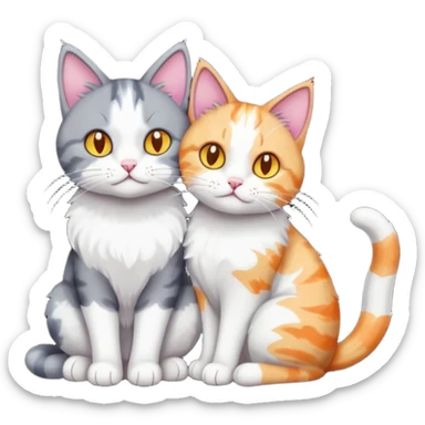 full body large dark grey and white cat cuddling a colourful light patched calico + white tabby cat  sticker