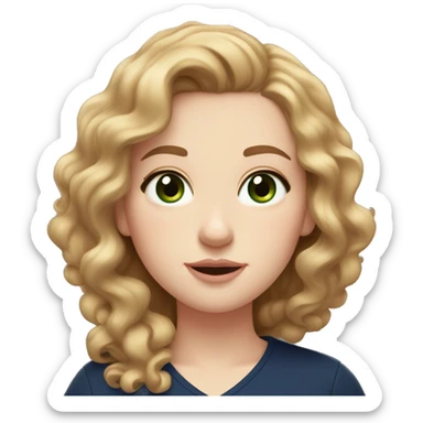 A pale white girl with light brown curly hair that reaches to her chest and her hairstyle parted in the middle, green eyes with a mole next to her left eye and wearing a navy blue shirt and natural pink lips sticker