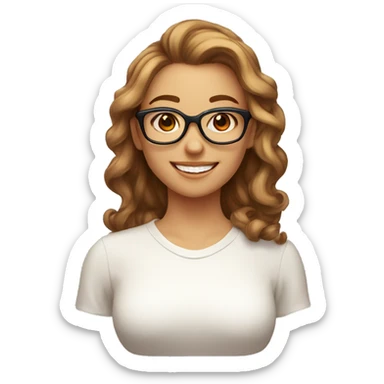 person with light brown hair with a pronounced bust, updo hairstyle with red glasses, perfect smile, smiling in profile, with thoughts of chemistry sticker