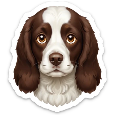 Cinematic Noble Springer Spaniel Portrait Emoji, Poised and regal, with a medium build and a glossy, well-groomed Fur of rich liver and white, deep-set soulful brown eyes, Simplified yet sharp and sophisticated features, highly detailed, glowing with a soft, dignified glow, high shine, intelligent and alert, stylized with an air of grace, focused and attentive, soft glowing outline, capturing the essence of a watchful and confident companion, so majestic it feels as though it could bound out of the screen with effortless authority! sticker