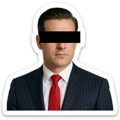 solid banker 35-40 years old, dark blue suit with white stripes, red tie, slicked-back hairstyle, black rectangle with eyes covering part of face sticker