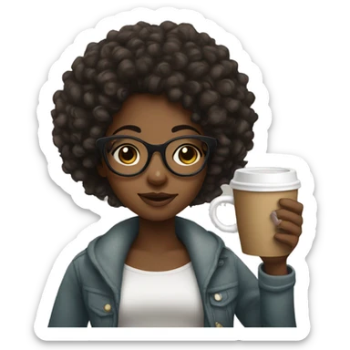 black girl with curly hair and glasses drinking coffee sticker