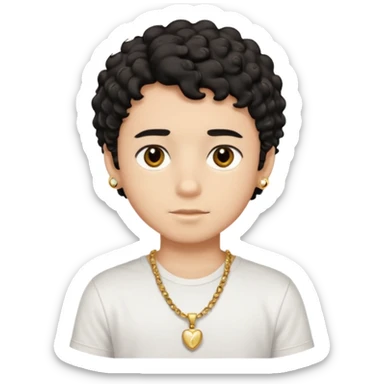 a boy with short black curly hair and brown eyes with white t-shirt and gold jewelry  sticker