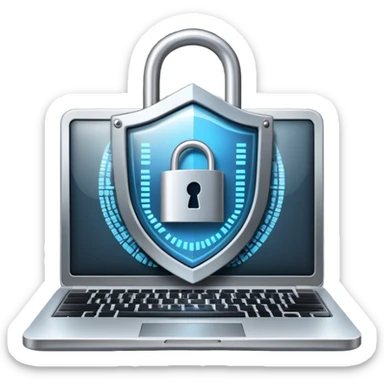 An icon featuring a digital shield with a lock, binary code, symbolizing cybersecurity. The design includes a laptop, warning icons, and secure network nodes, representing protection against cyber threats. Transparent background highlights digital safety and defense. sticker
