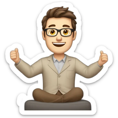 Joyful Celebrating victory Hands up Pale skinned Fit Man With dark brown hair in gray jacket, beige office shirt, Brown pants and vintage glasses sitting In a soft chair sticker